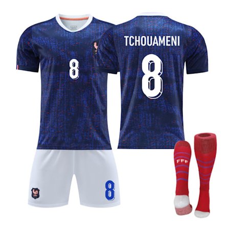 2026 VM Frankrike Hjemme NO.8 TCHOUAMENI Barn Voksen Fotballdrakt Sett Utstyr Med Sokker NO.8-FF-