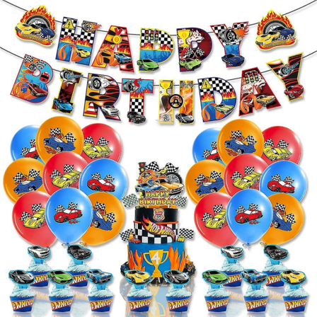 Hot Wheels Børnefødselsdagsfest Tilbehør Dekoration Banner Balloner Kage Topper Sæt (FMY)