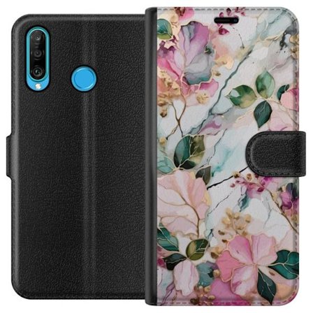 Kompatibel Tegnebogsetui til Huawei P30 lite Abstrakt marmormønster med blomster, blade og gyldne detaljer i bløde pastelfarver