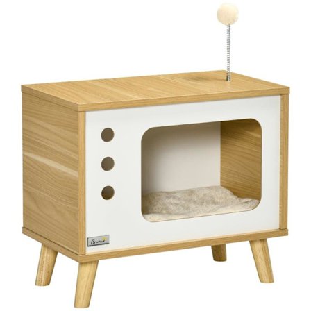 Rootz Cat House - TV Design Cat Cave inkluderer legetøj - Vaskbar pude - Eg + Beige + Hvid - 50 cm x 28 cm x 43 cm