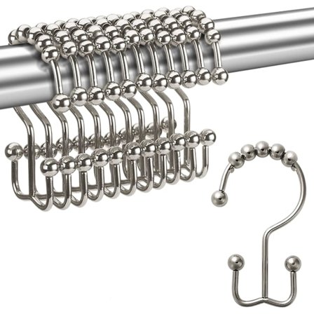 12 duschdraperi krokar, rostfria metall dubbel glid duschkrok för duschdraperi i badrum, nickel
