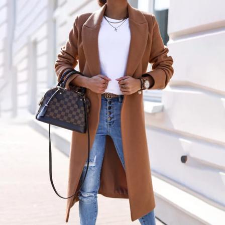 Ladies Notch Lapel Solid Color Outwear Open Front Trench Coats