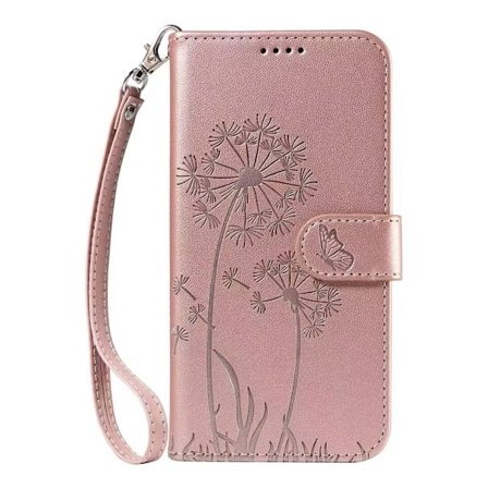 Etui til iPhone 13 roségull preget løvetann skinn flip stativ kort