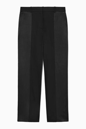 COS Damen Wollhose Mit Satinpartien Und Geradem Bein - Schwarz