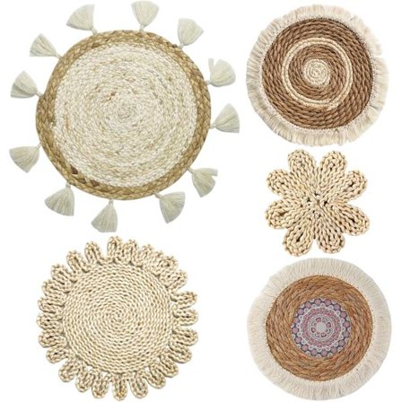 5 kpl olkikoristetta seinälle, punottu seinäkori pyöreä boheemi makramee seinävaate olkikoriste seinälle 20 cm/25 cm/30 cm/38 cm seinäkori koriste 