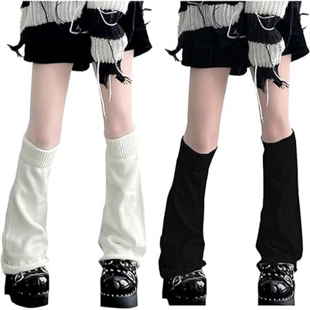 ING Benvarmere 2 par 50 cm myk akryl ribbestrikket erme-/benvarmer knestrømper én størrelse passer lett til ethvert antrekk for Lolita svart hvit