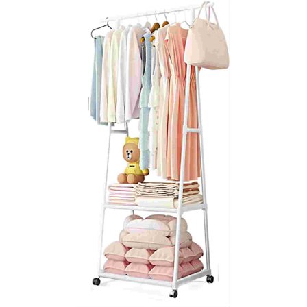Lille metal tøjstativ med hylde, rullende tøjstativ til soveværelset, tøjstativ med hjul (hvid)