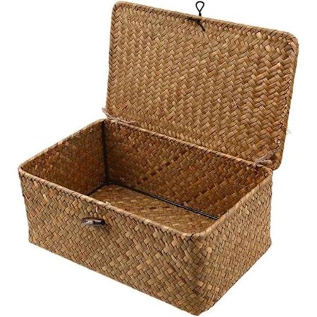 Woven Rattan Storage Box with Lid - Makeup Organizer for Bathroom, Living Room, Kitchen, Brown, 29*19*12CM