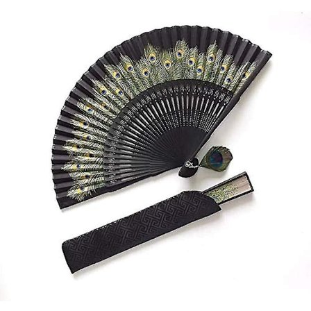 8,5" Sort Påfugl Håndfoldet Vifte, Håndholdt Foldbar Silke Bambus Rave Vifte