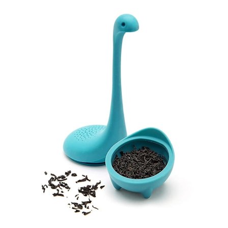 Løs te-infuser (turkis farge) - dinosaur te-filter med bløtleggeskje - langhåndtert hals