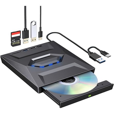 Ekstern CD DVD-drev, 6 i 1 CD/DVD-ROM brænder med USB 3.0/2.0/ USB-C/SD-kortlæser, bærbar CD/DVD ROM +/-RW