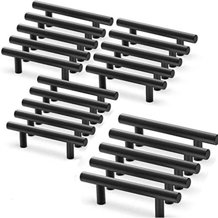 Set med 20 Svarta Kökslådsbeslag Rostfritt Stål Svart Lådhandtag T Bar Kökspinne, Ø 12mm Hålcentrum: 96mm