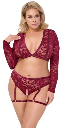 Cottelli Collection Plus: Red Lace Set Plus Size - Vuxen.dk: Lingeri & undertøj