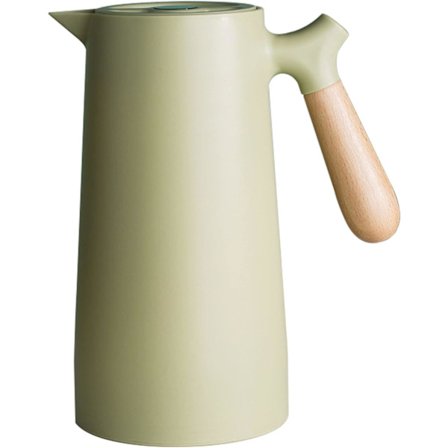 1 L Termokande til Kaffe, Dobbeltvægget Vakuum Kaffekande med Glasforing, Isoleret Termokande med Træhåndtag, Holder Varmt Koldt (Grøn)