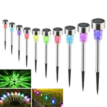 10-pakning rustfritt stål solcelle LED-lys flerfarget utendørs hagebelysning (fargerik)