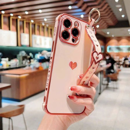 Cute Case for iPhone 15 Plus, Sweet Love Heart for Girls Women Luxury Plated Edge Bumper Soft TPU Shockproof Cover with Bracelet Stand