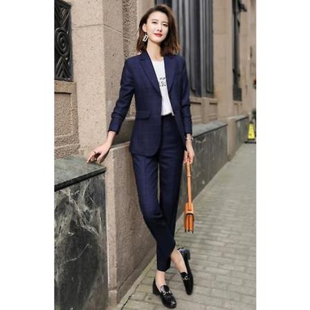 Pläd kostymer Kvinnor Higt Eed Formell Intervju Business Slim Kavaj Och Byxor Kontor Dammode Arbetskläder Navy coat and pants XXL