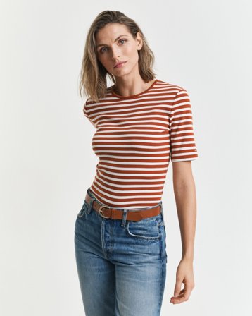 GANT Damen Geripptes T-Shirt mit Streifen (M) Orange