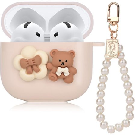 Sødt etui til AirPod 4, dejligt sløjfe-blomst-bjørne design med perlekæde, blødt beskyttelsescover til AirPods 4. generation, udgivet i 2024