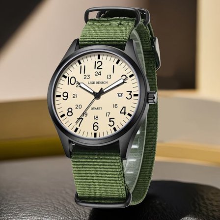 Dame quartz ur, romertal, dato, natlys, grønt armbånd