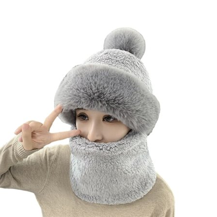 Vinterlue med plysj for kvinner, tykk vindtett hette med skjerf og halsvarmer