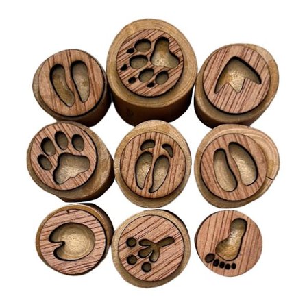 9 stk. stempelsett i tre Dyrespor Stempler Scrapbook DIY Dyrepote Stempel