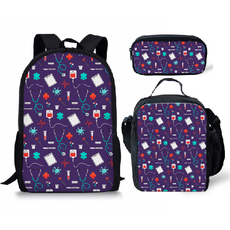 Viileä sairaanhoitajan sydän 3 kpl / set reppu Kouluopiskelija Koululaukku Lounaslaukku Case Purple