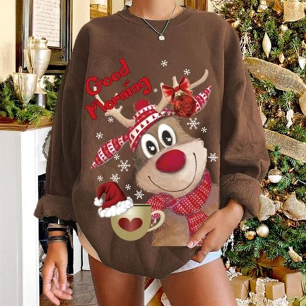 Julesweater til kvinder Varmt julestrikket tøj Rund hals afslappet sweatshirt Brun Størrelse S Brown_qcx