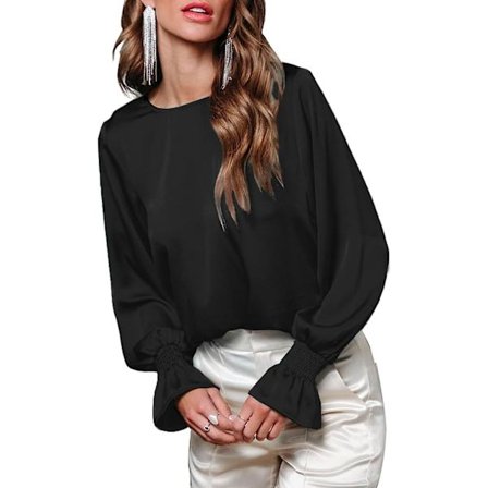 HAUFR Gensere for kvinner Dressy Uformell, rund hals Ruffle Bubble Langermede skjorter Solid sateng bluser