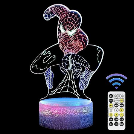 Spiderman Legetøj til Drenge, Superhelt 3D Natlys Illusion Lampe med Timing Fjernbetjening Smart Touch Farveskift med 3 Mønstre
