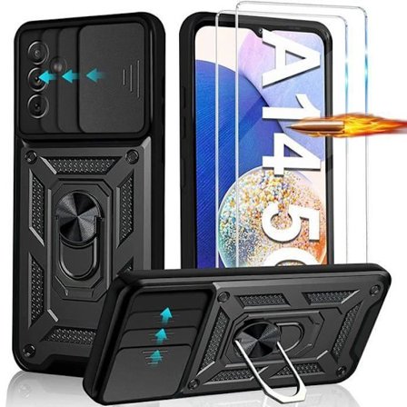 Cover til Samsung Galaxy A14 - med 2 Tempered Glass - Stødsikker - 360° roterende ring - Objektivbeskyttelse - Sort
