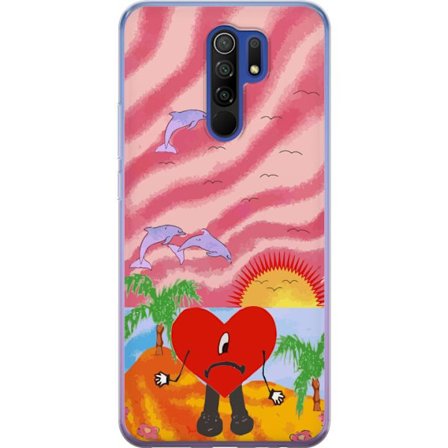 Kompatibel Mobilcover til Xiaomi Redmi 9 Bad Bunny i en farverig quiltet jakke med hjertemønster og solbriller i moderne gade stil
