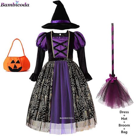 Halloween Barnekjoler Jenter Heks Festkjole Gotisk Spøkelseskostyme Barn Kjole Robe Tutu Kjole Hekshatt For Purim Karneval Fest -a
