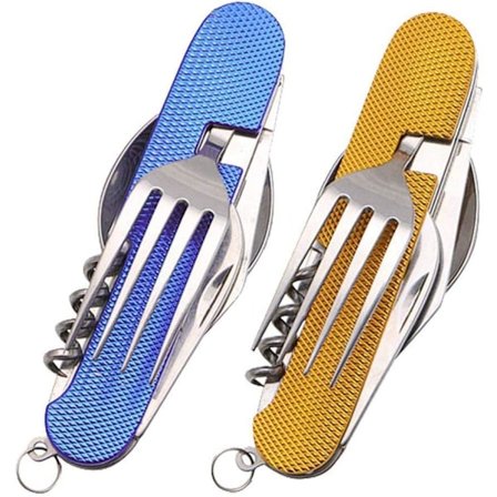 2 stk. Sammenfoldeligt Camping Bestik Sæt Rustfrit Stål Redskab 6 i 1 Multiværktøj Udendørs Overlevelsesrejse Vandretur Bestik Sæt