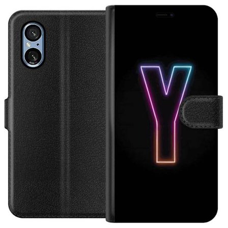 Yhteensopiva Lompakkokotelo Sony Sony Xperia 5 V Minimalistinen neonkirjain Y värinvaihtuvassa valossa mustaa taustaa vasten