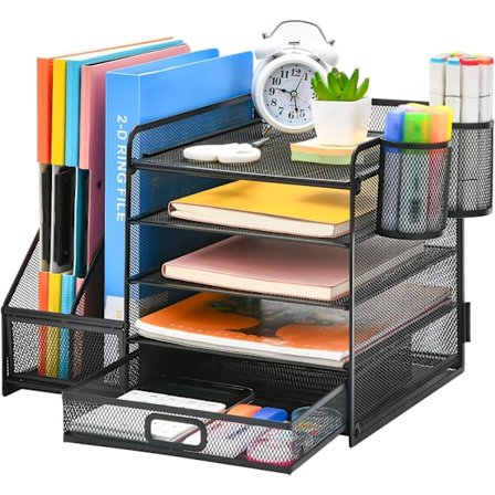 Skrivebordsorganisator med mapper, 5-lags papirbrevbakkeorganisator med skuffe, 2 penholdere, organisator med magasinholder (sort)
