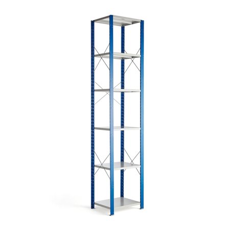 Hyllställ MIX, grundsektion, 3000x665x600 mm, blå, ljusgrå hyllplan