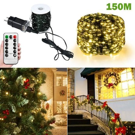 XMTECH 150m 1500 LED julelyskæde med fjernbetjening og kontakt 8 tilstande til indendørs og udendørs brug varm hvid