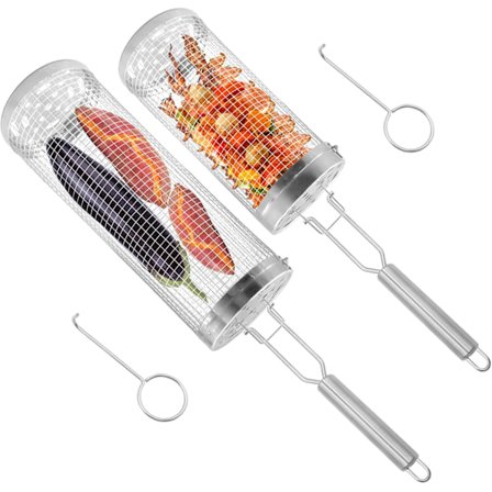 2 Rolling Grill Baskets with Detachable Stainless Steel Handles