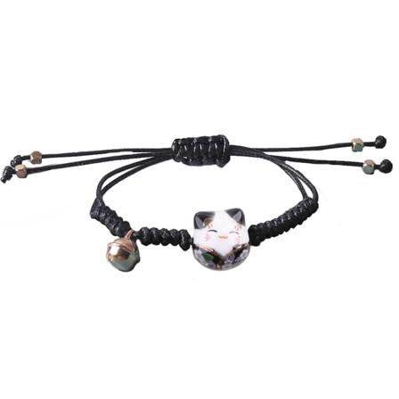 Justerbart handgjorda röda flätade reptrådsarmband för kvinnor flickor Luck Kawaii Keramik för katthänge Armband Jewelr Black