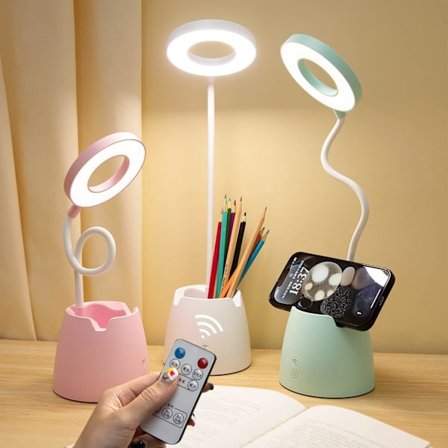 Foldbar LED-skrivebordslampe med penneholder med fjernbetjening og timerfunktion til øjenbeskyttelse