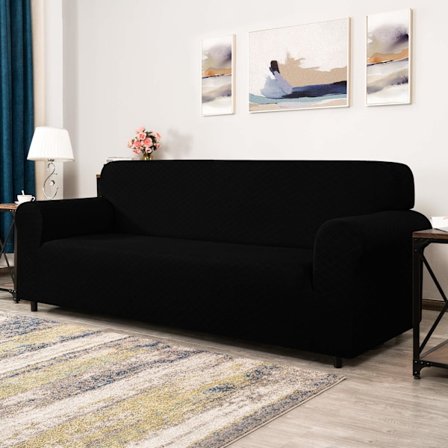 Rhombus Sofföverdrag i ett stycke, stretchtyg, möbelskydd för 3-sits soffa, skyddande överdrag för vardagsrum, polyester, hållbar, svart