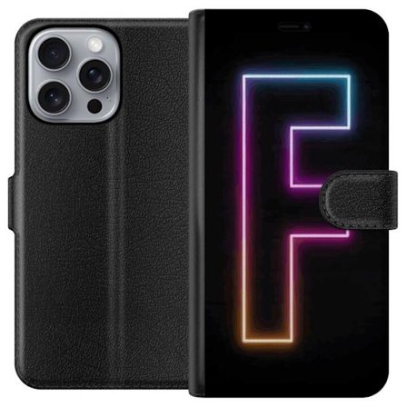 Yhteensopiva Lompakkokotelo Apple Apple iPhone 16 Pro Max Neonkirjain F vaaleanpunaisella, sinisellä ja keltaisella valokehyksillä tummaa taustaa va
