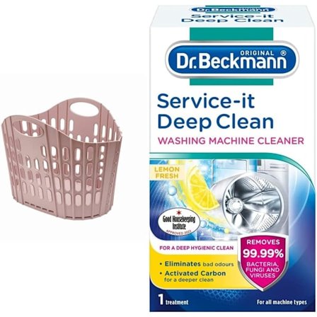 Hopfällbar, lättförvarad tvättkorg, rosa, 38 liter & Dr.Beckmann Service-it djuprengörande tvättmaskinsrengöring, 1 behandling Rosa Pink