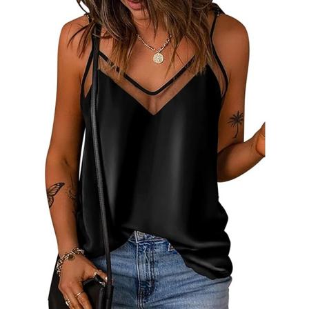 IC Satin Mesh V-hals linne dam Cami Top Silke Camisole Casual Blus (stor)