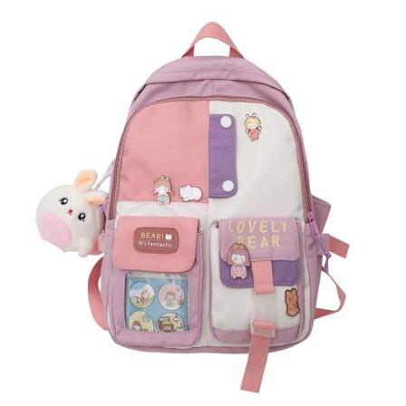 Kawaii Ryggsekk for Jenter Kvinner Pin Bear Tilbehør College High School Bokveske Lett Uformell Reise Laptop Bag-Rosa + Lilla