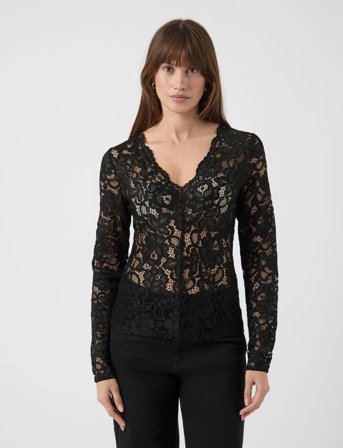 YAS Yaslacey Ls V-Neck Lace Top S. Noos - Black - M