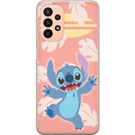 Kompatibel Mobilcover til Samsung Galaxy A23 Glad illustration af Stitch der hopper foran lyserød baggrund med surfbræt
