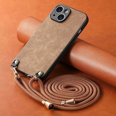 Etui til iPhone16E / SE 2025 / SE4 brun kæde crossbody almindelig hudfølelse armbånd håndledsrem snor