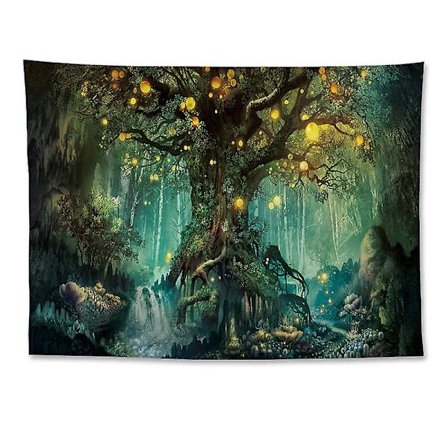 Skog Gobelin, Natur Tre Populære Alver Veggteppe Varmt Grønt Strandteppe (59 x 51 tommer)